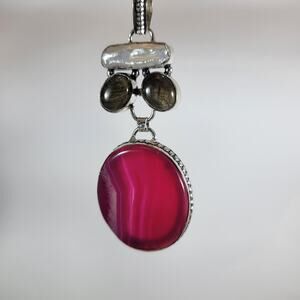 Gemstone Pendant Necklace – Pink Agate, Pearl & Labradorite + 20" Silver Chain